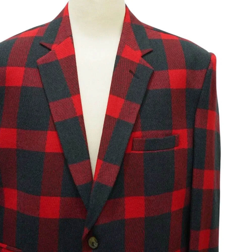 Mens 48R Red Black Buffalo Plaid Wool Blazer 2 Button Sport Coat Wedding Formal